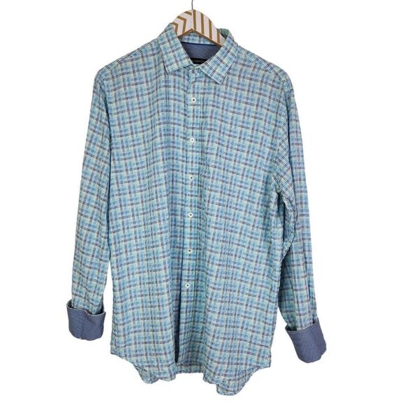 Bugatchi Other - BUGATCHI Shirt Mens Medium Blue Plaid Long Sleeve Flip Cuff Preppy Button Up